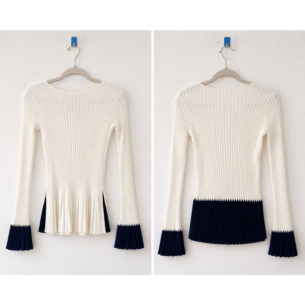 Liviana Conti Ribbed Knit Peplum Sweater Cream & Navy Colorblock IT 42 /US6